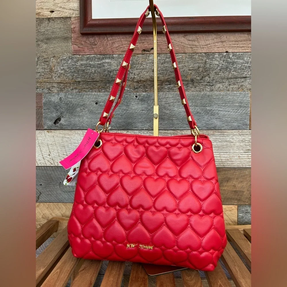 NWT-BESTY JOHNSON Red Quilted Heart Shoulder Bag Studded Straps